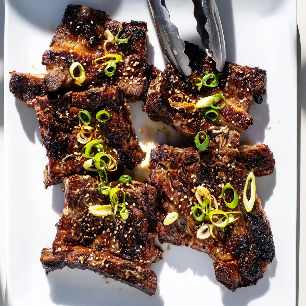 Juicy flanken-cut beef short ribs marinated in garlic and sesame soy sauce, grilled to smoky perfection