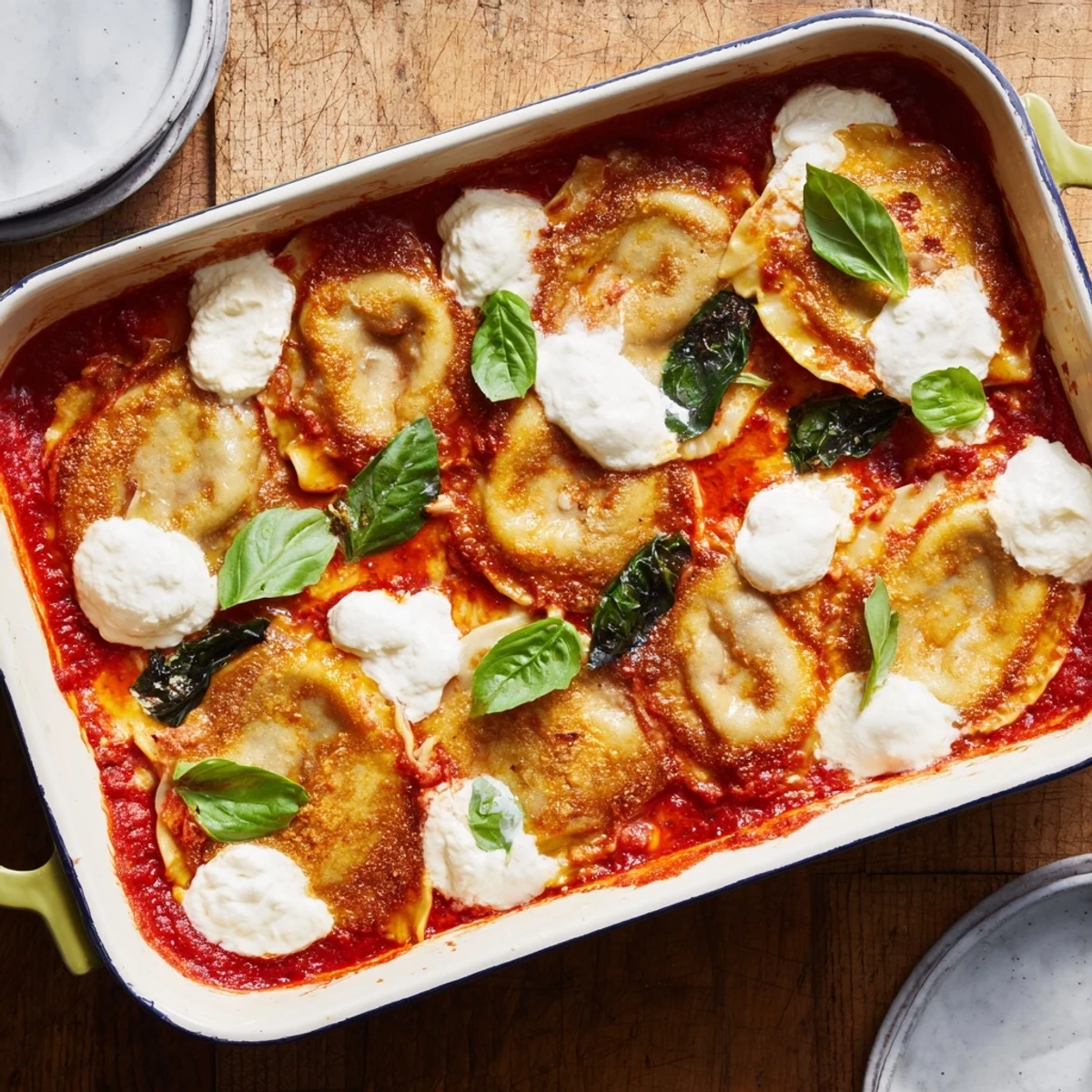 Golden bubbling dumpling lasagna with layers of juicy potstickers and melted mozzarella cheese