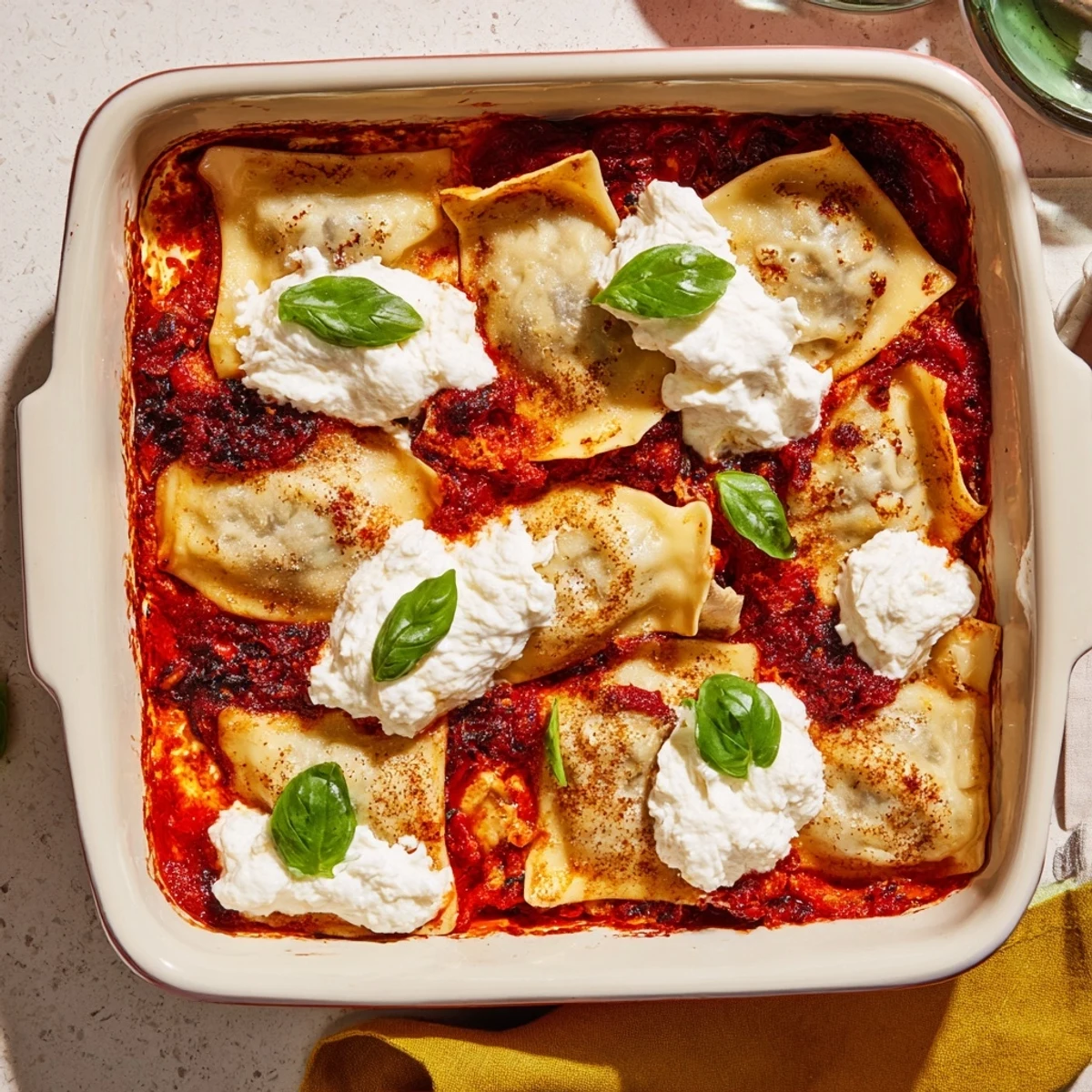 Fusion dumpling lasagna baked to perfection with rich tomato sauce and crispy dumpling edges