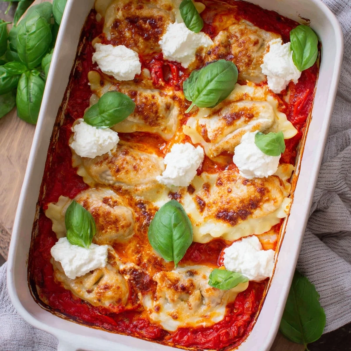 Hearty dumpling lasagna casserole featuring stacked gyoza, ricotta, and golden Parmesan topping