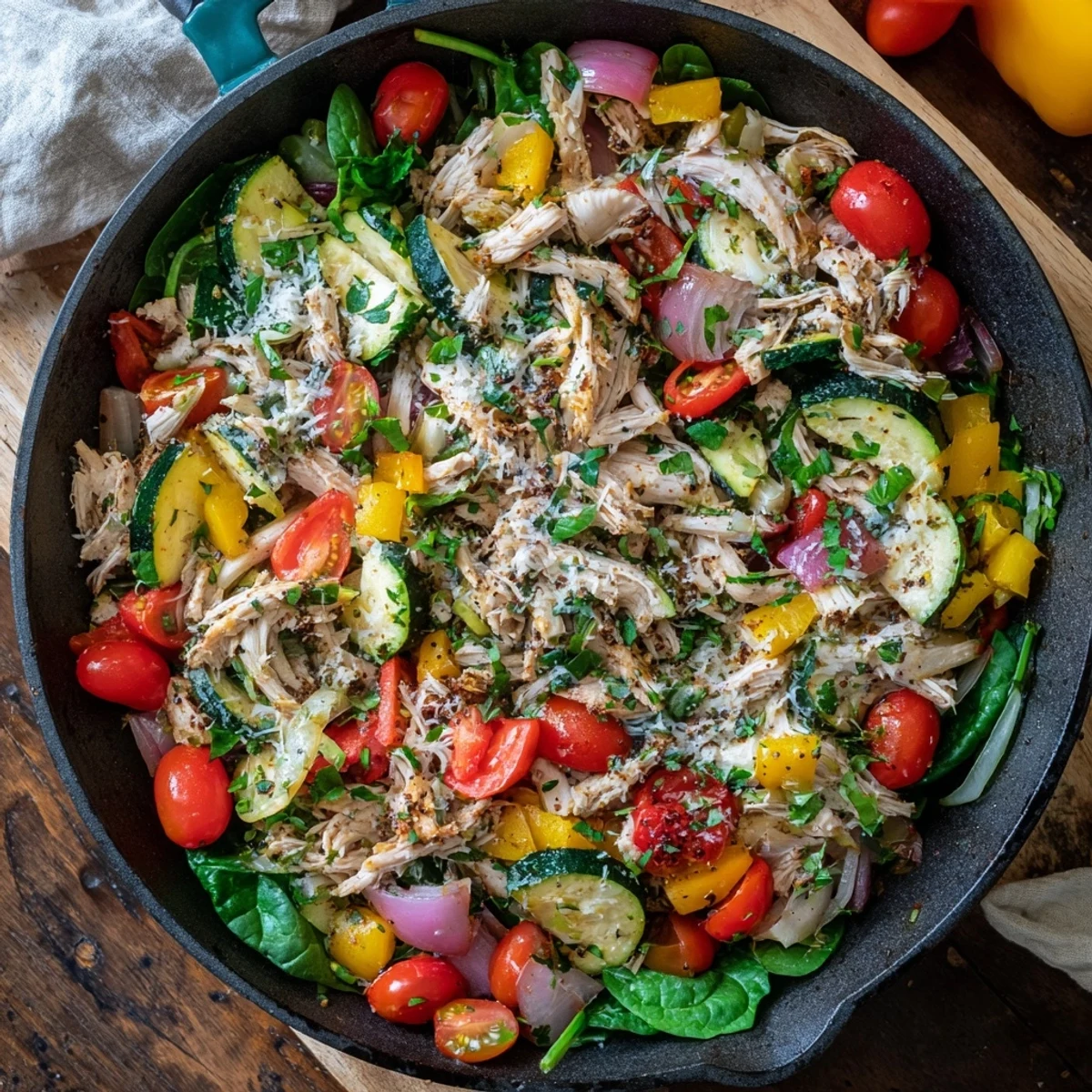 One-pan rotisserie chicken skillet with zucchini, spinach, and melted parmesan garnish