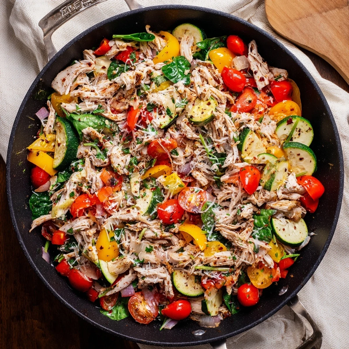 Golden rotisserie chicken and colorful bell peppers sizzling in a cast iron skillet