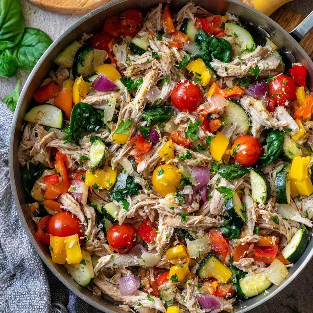 Easy weeknight rotisserie chicken and vegetable skillet plated over steaming white rice