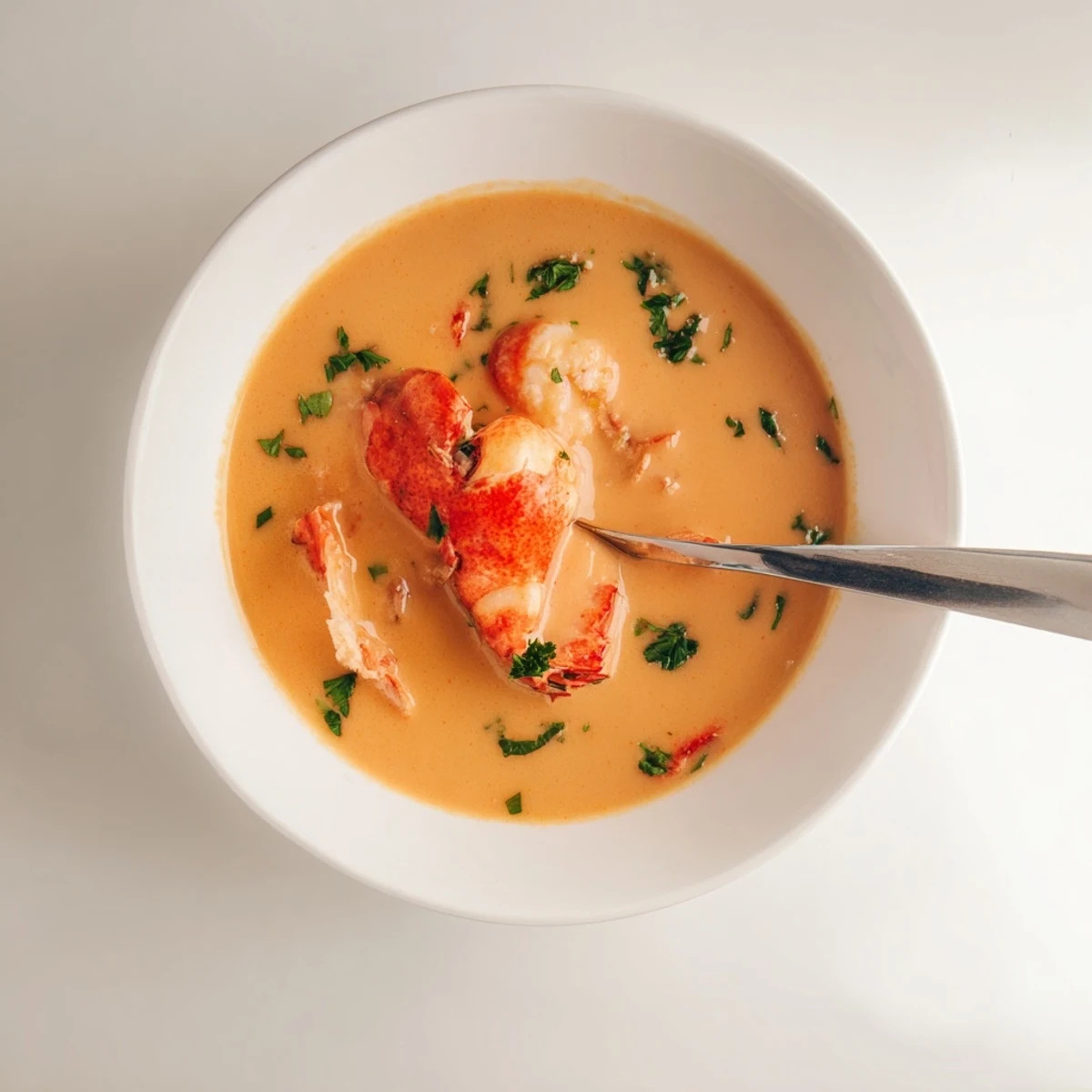 Creamy prawn and lobster bisque served in white bowl with fresh parsley garnish