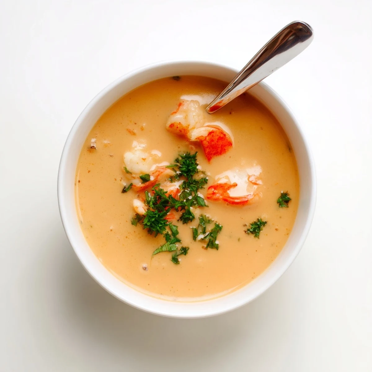 Golden bowl of rich prawn and lobster bisque topped with chopped parsley and cream swirl