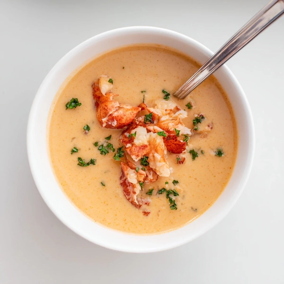 Luxurious French-style prawn and lobster bisque plated with delicate herb garnish for elegant dinner