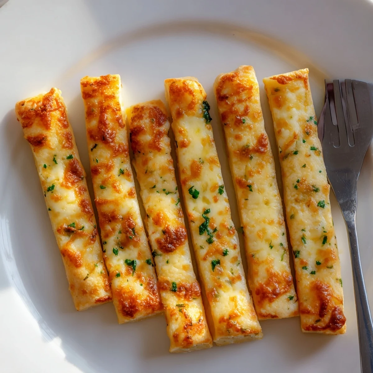Golden keto garlic butter breadsticks brushed with melted butter and fresh parsley garnish