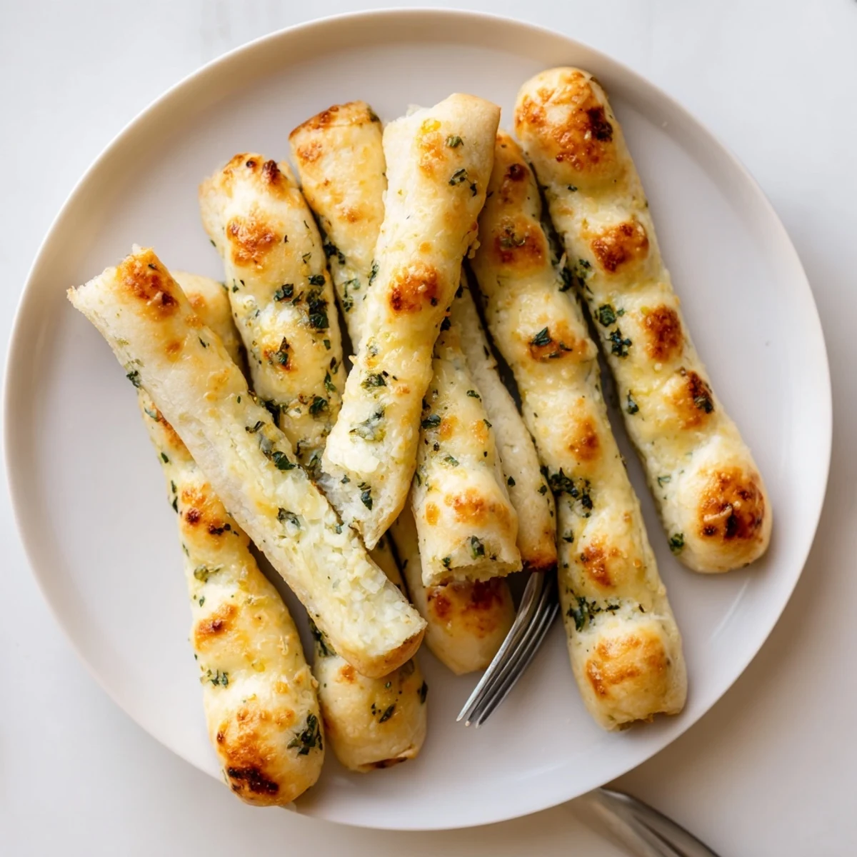 Soft low-carb cheesy breadsticks with garlic butter topping on a white serving plate