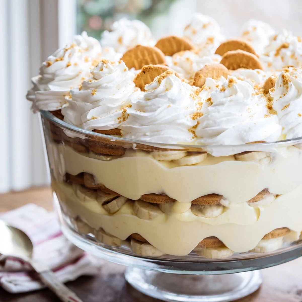 Glass trifle dish displaying layered Biscoff banana pudding with fresh banana slices and whipped cream topping