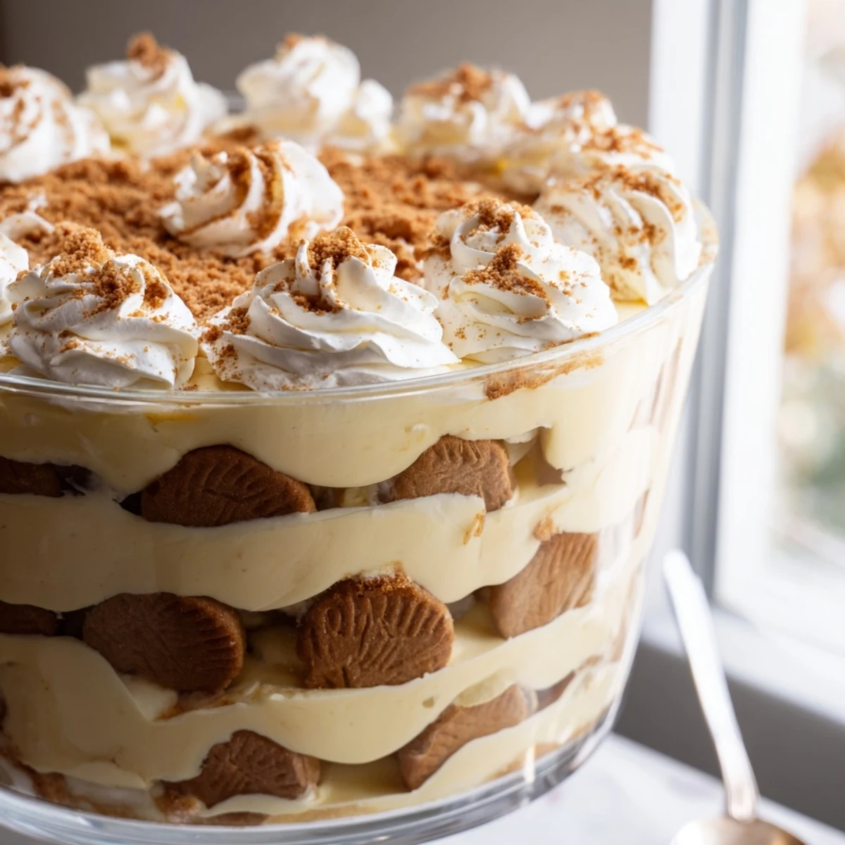 Creamy no-bake Biscoff banana pudding dessert with crushed cookie garnish in clear serving dish