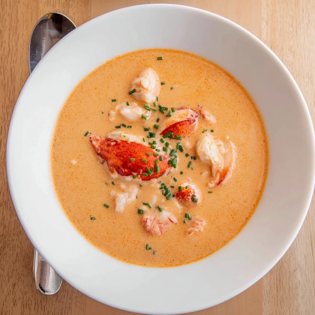 Creamy lobster bisque garnished with fresh chives in a white bowl