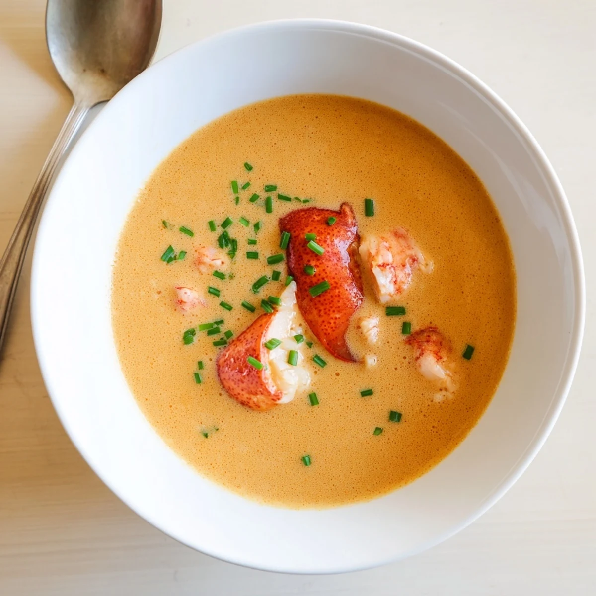 Rich homemade lobster bisque with tender lobster pieces swimming in silky broth