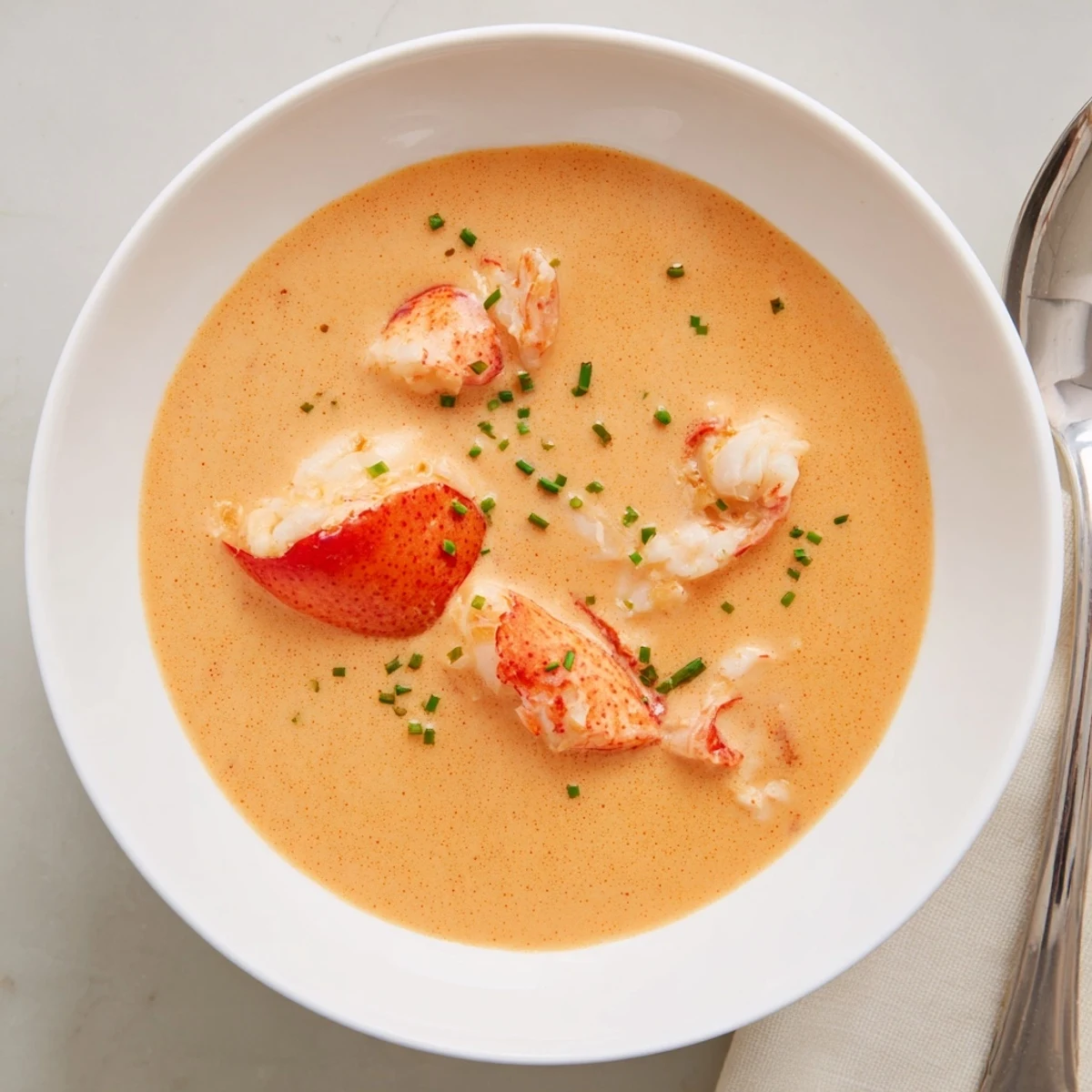 Golden orange lobster bisque soup served in elegant bowls with chopped chives