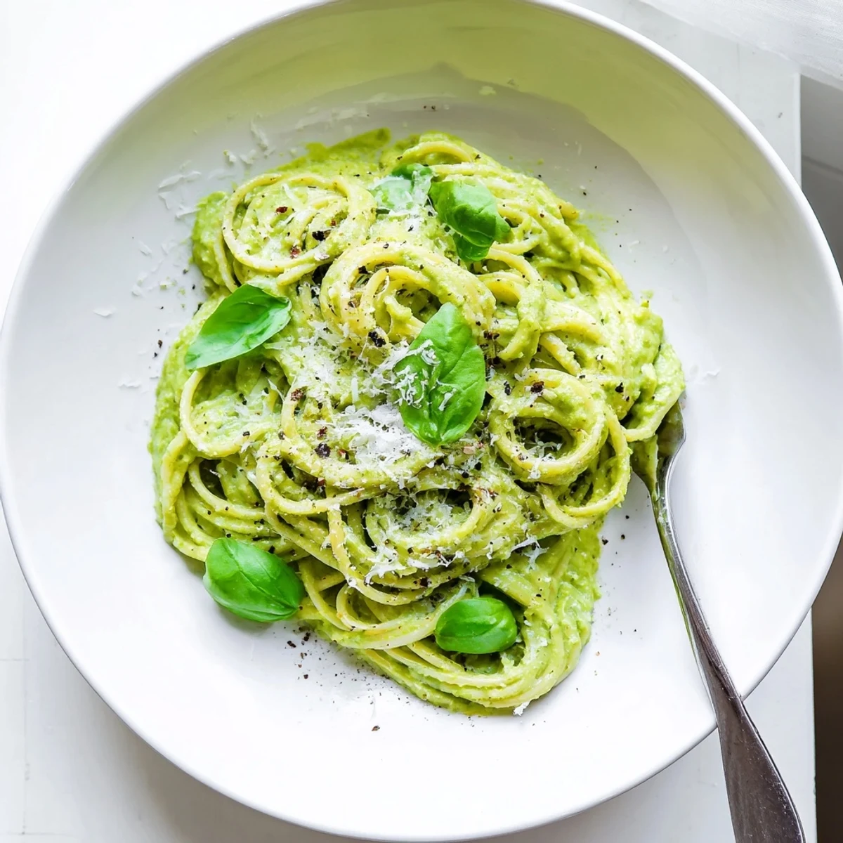 Creamy avocado spinach basil pesto spaghetti topped with grated Parmesan and fresh basil leaves