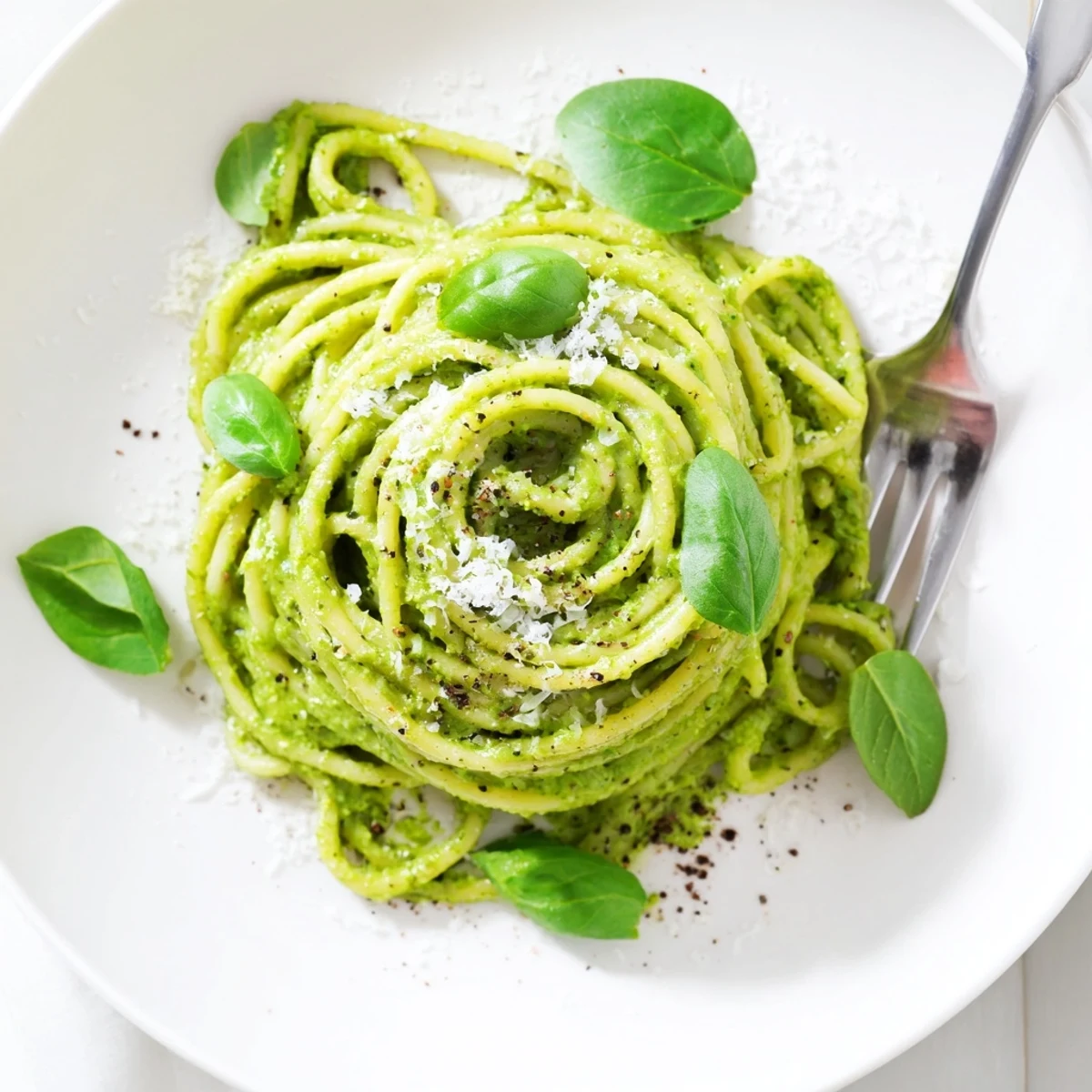 Vibrant green pasta dish featuring al dente spaghetti tossed with avocado basil pesto sauce