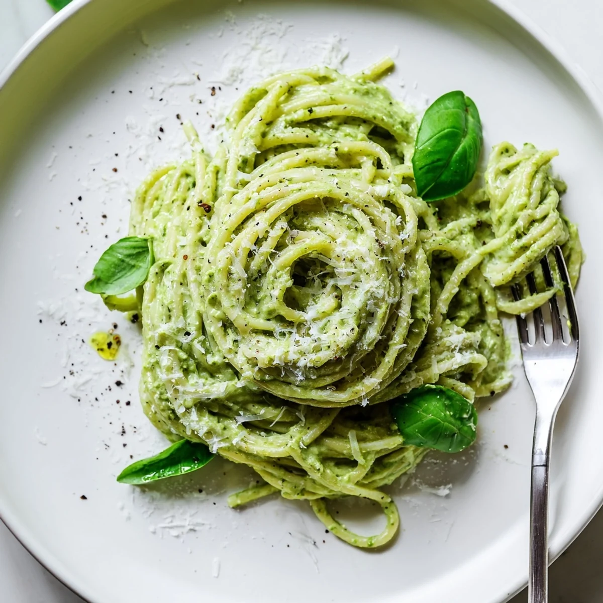 Bowl of spaghetti coated in rich avocado spinach pesto garnished with black pepper and cheese