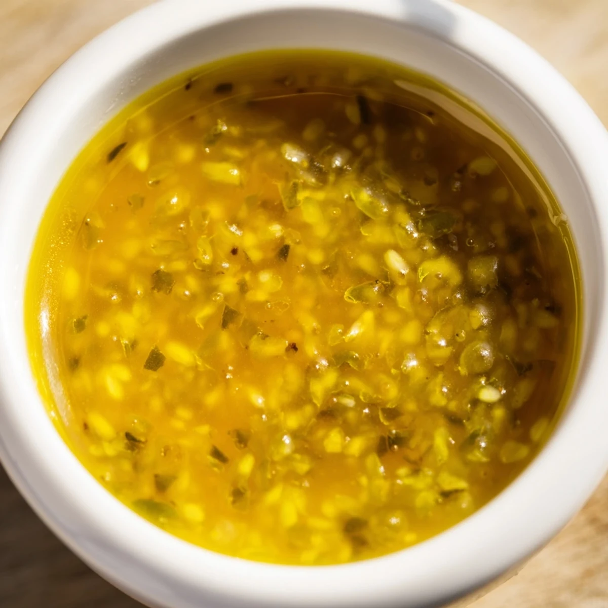 Small glass jar filled with spicy honey mustard sauce topped with fresh jalapeño slices