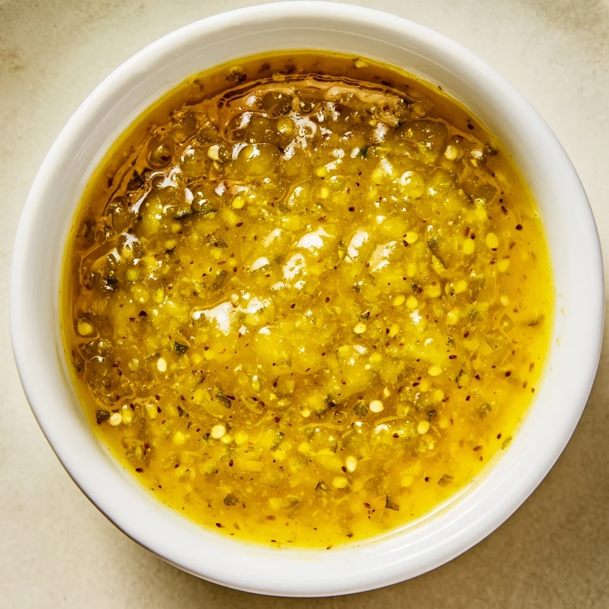 Creamy honey mustard sauce with green jalapeño bits resting beside dipping vegetables and pretzels