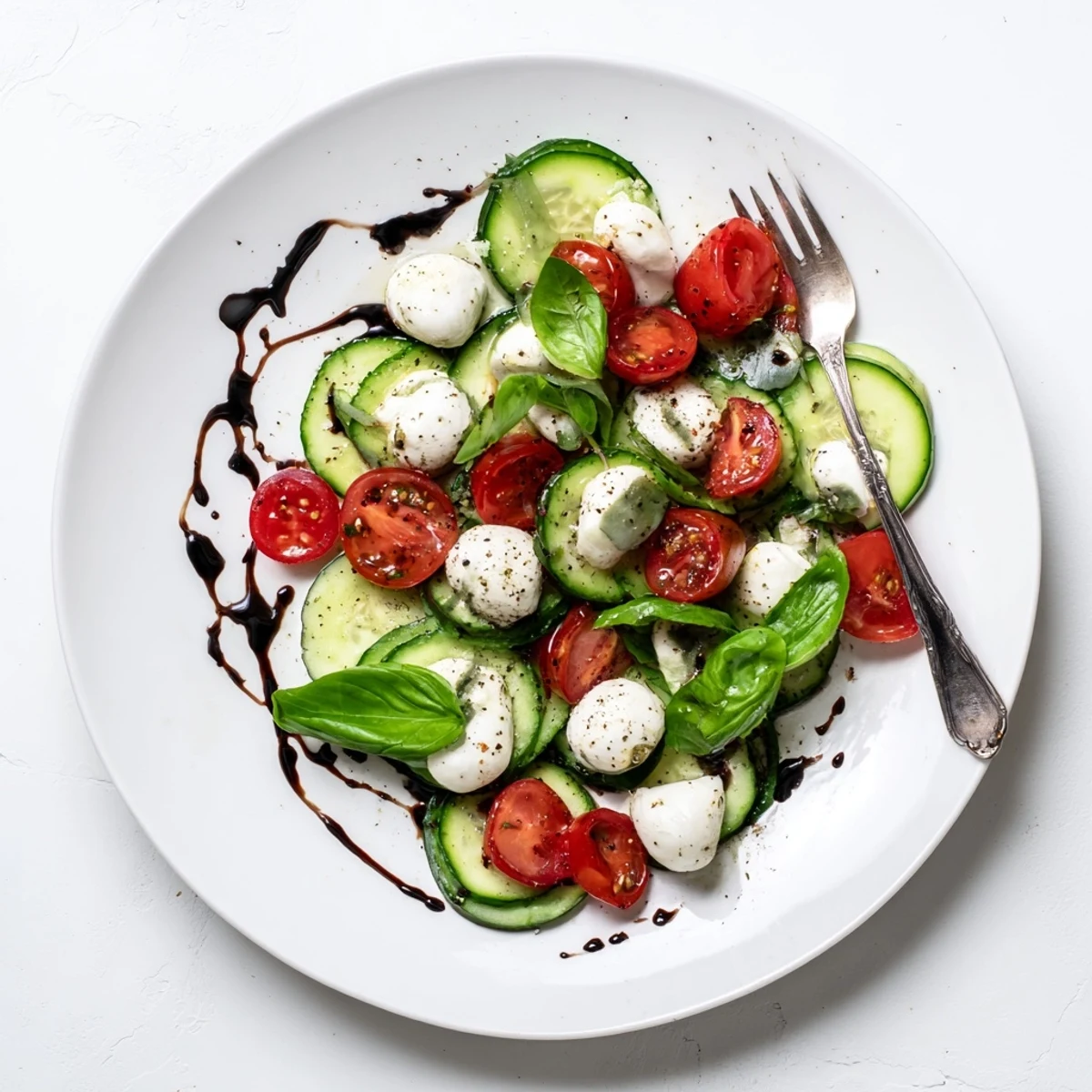 Fresh Easy Cucumber Caprese Salad with crisp cucumber slices, juicy cherry tomatoes, and creamy mozzarella