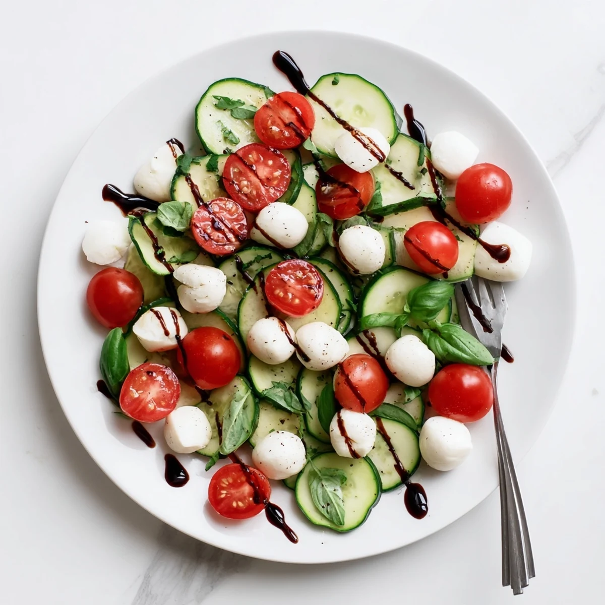 Vibrant Easy Cucumber Caprese Salad featuring layered cucumbers, tomatoes, basil, and mozzarella in a glass bowl