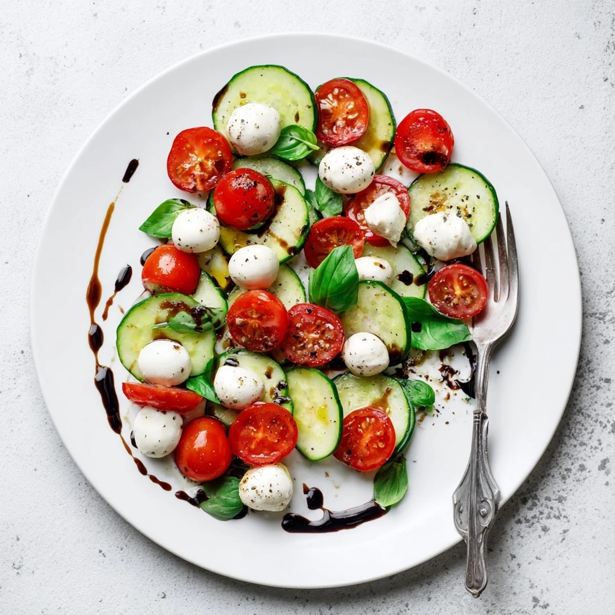 Colorful Easy Cucumber Caprese Salad drizzled with balsamic glaze on a white serving platter