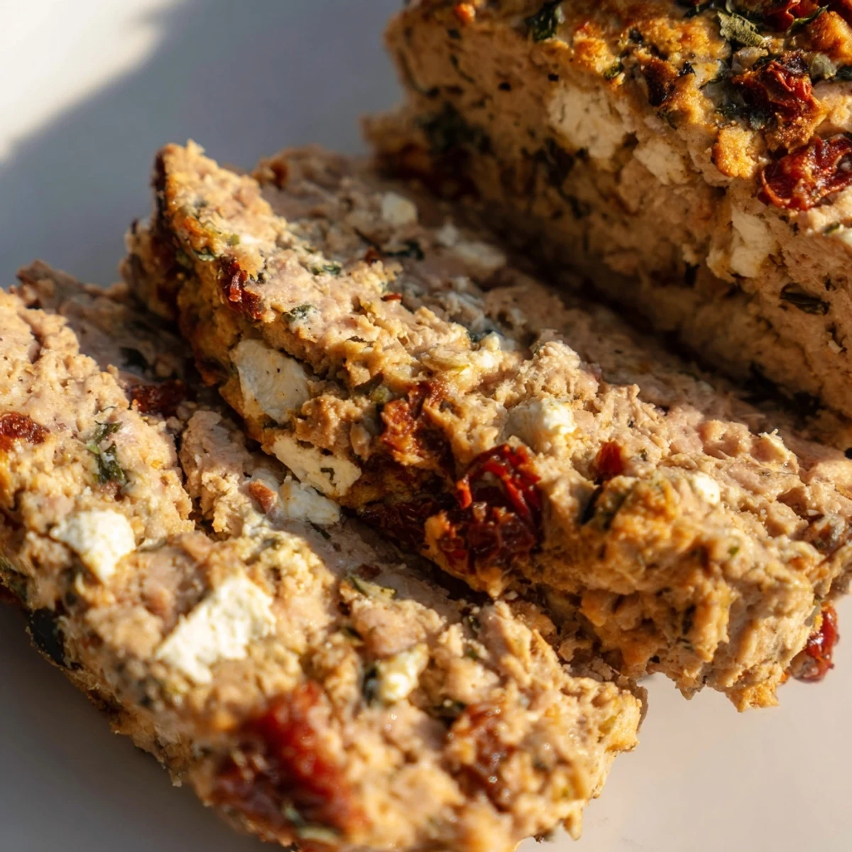Golden sliced Mediterranean turkey meatloaf with visible sun-dried tomatoes and crumbled feta on a white serving platter