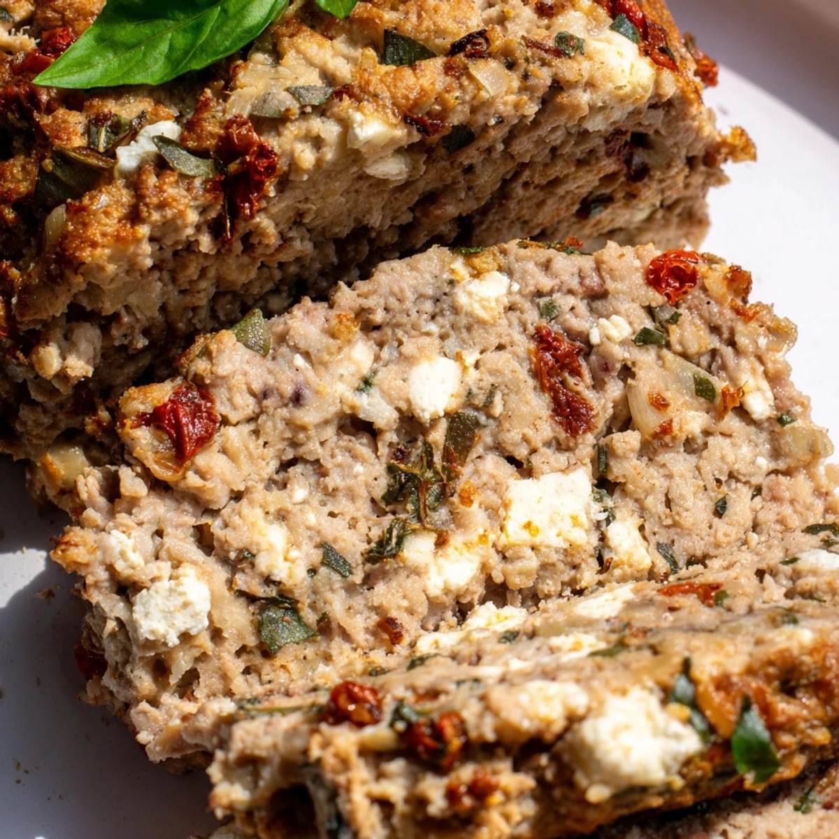 Whole Mediterranean turkey meatloaf baked to golden brown perfection topped with melted feta cheese and herbs