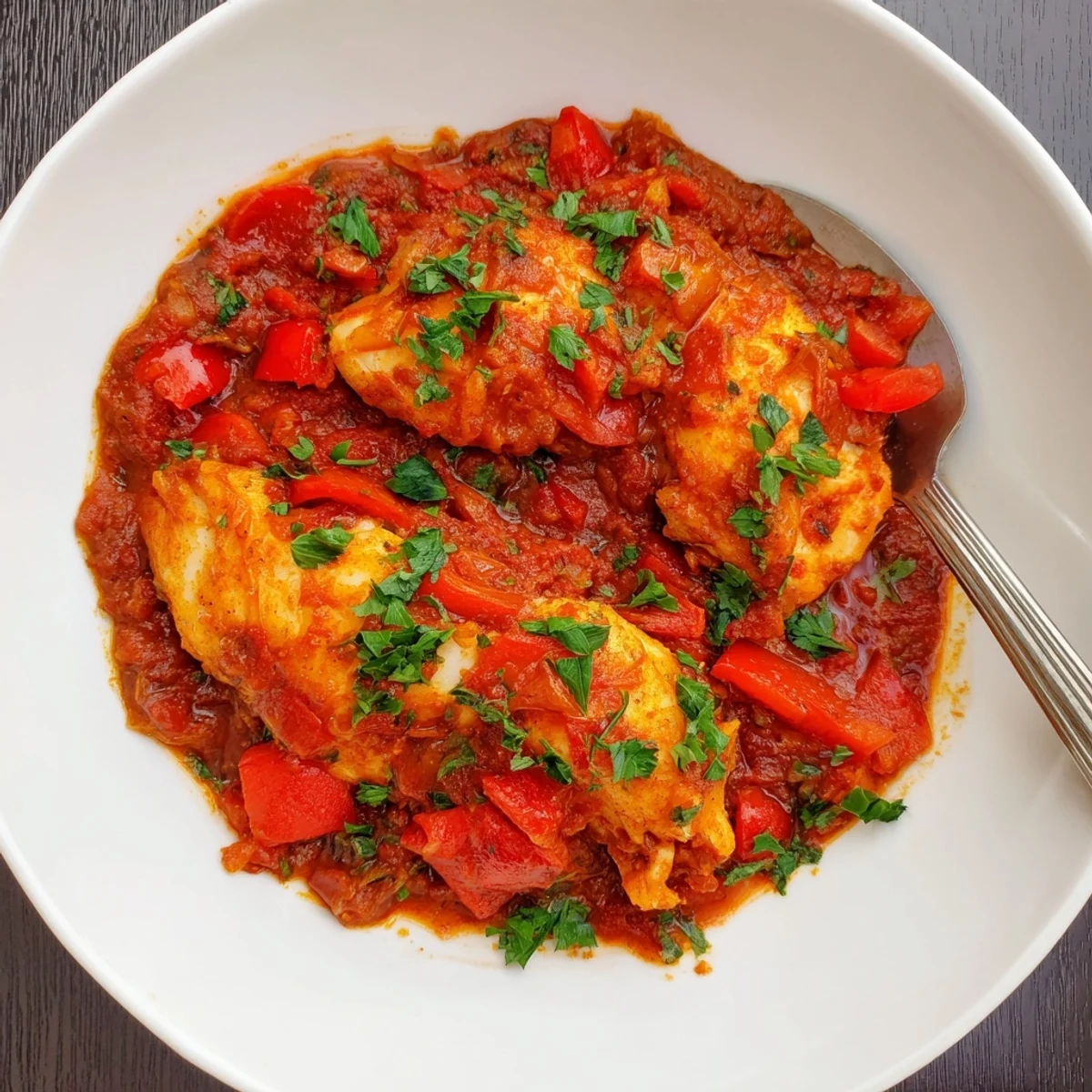 Golden white fish fillets nestled in rich Moroccan braised tomato sauce with vibrant herbs