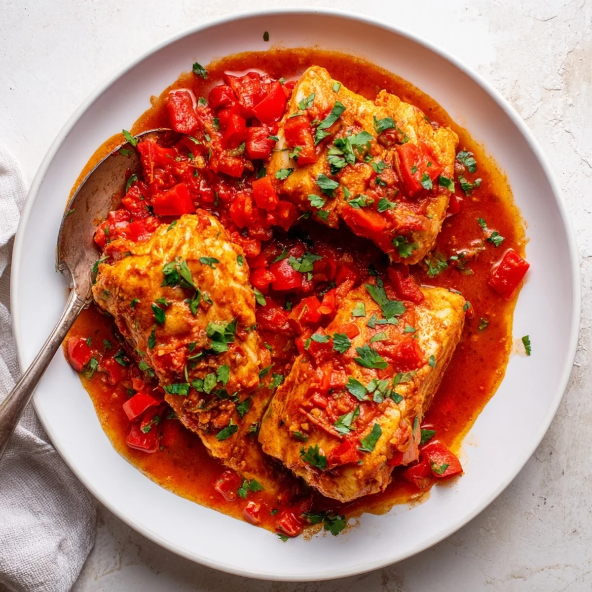 Spiced Moroccan braised fish in tomato sauce simmered with red bell peppers and fresh cilantro