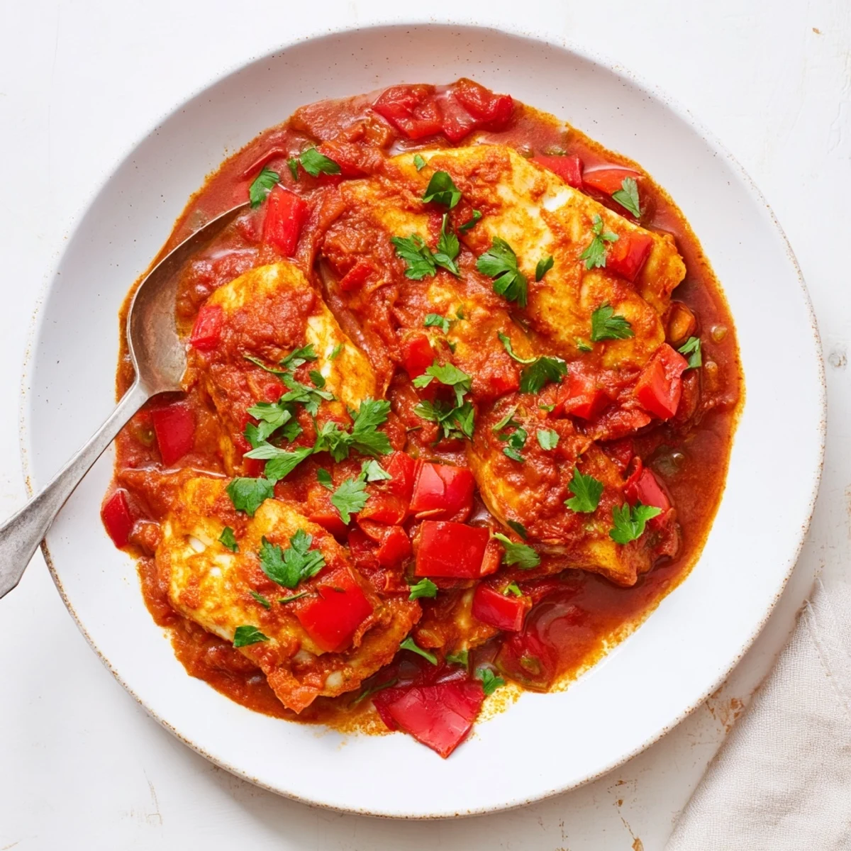Flaky white fish poached in fragrant tomato sauce seasoned with cumin paprika and parsley