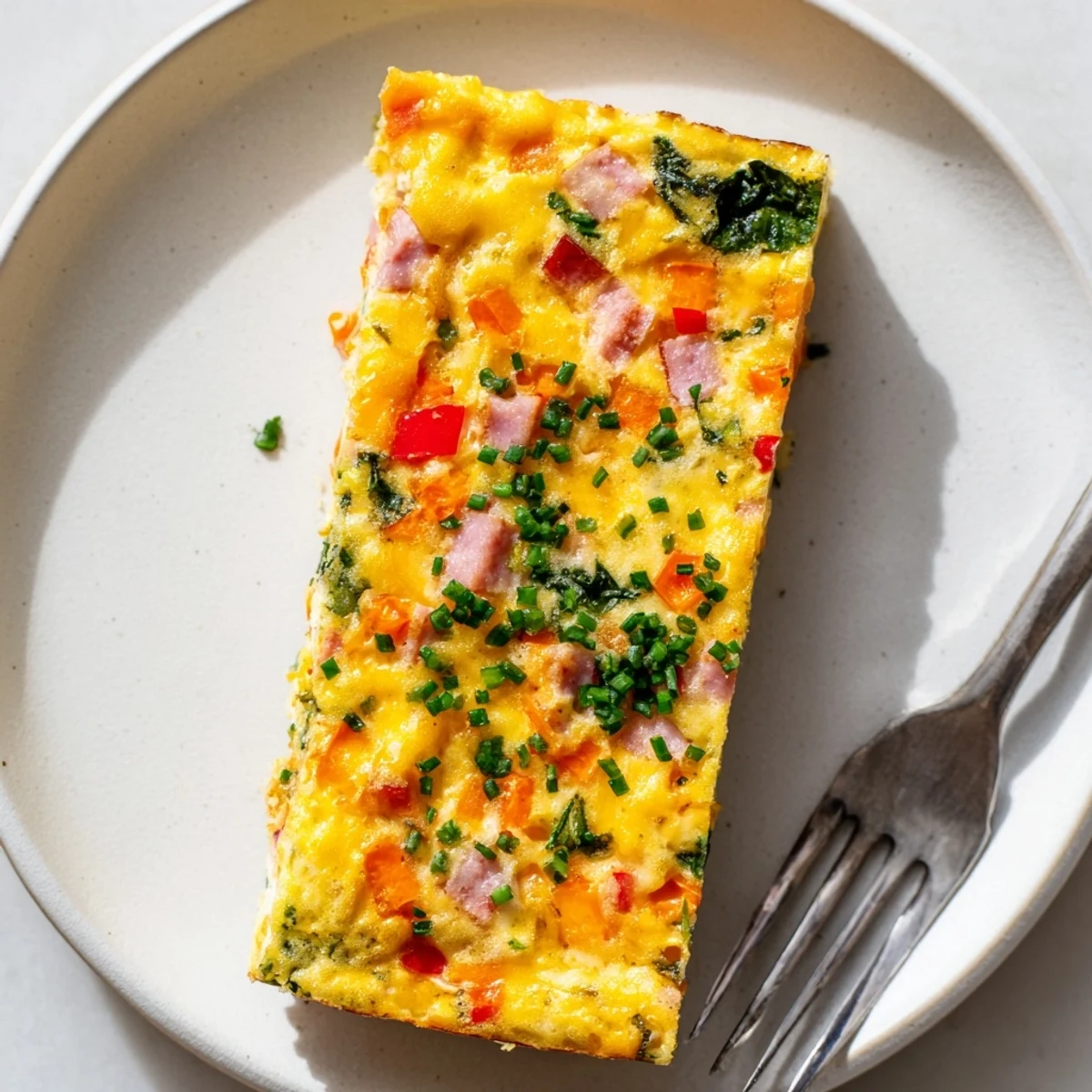 Savory vegetable and ham slice baked to perfection in a loaf pan for easy slicing