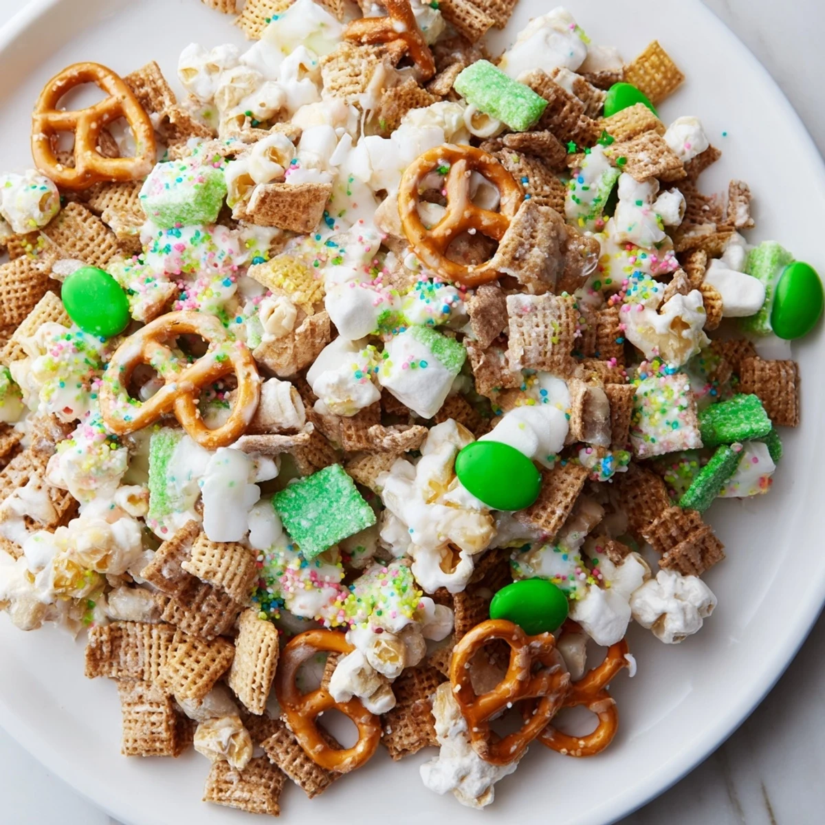 Colorful Leprechaun Bait snack mix with green candies and rainbow sprinkles in a white bowl
