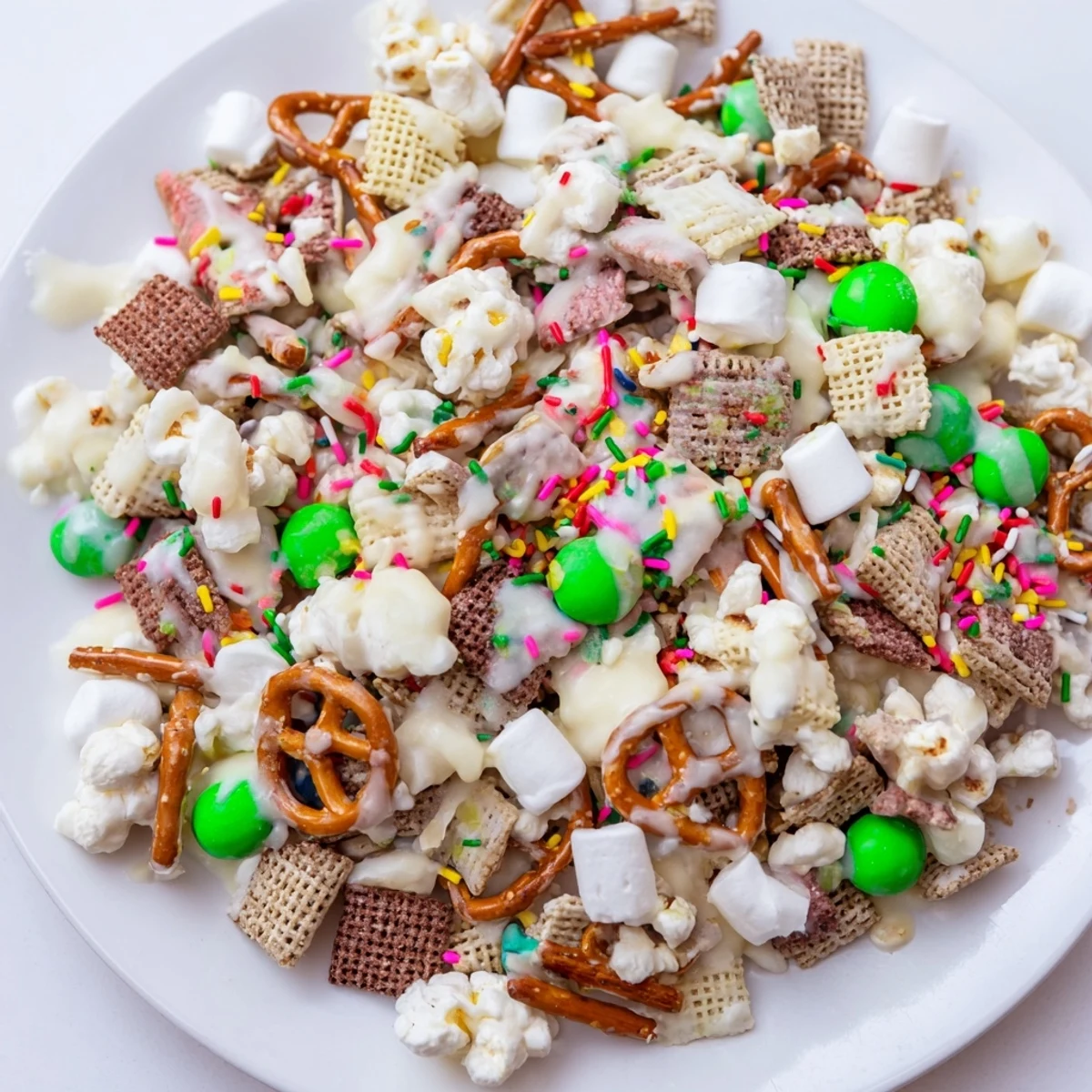 Sweet and salty Leprechaun Bait featuring pretzels, popcorn, and marshmallows coated in melted white chocolate