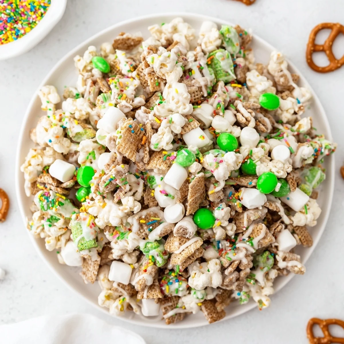 Festive Leprechaun Bait scatter on wooden board with chocolate-coated cereal and colorful sprinkles