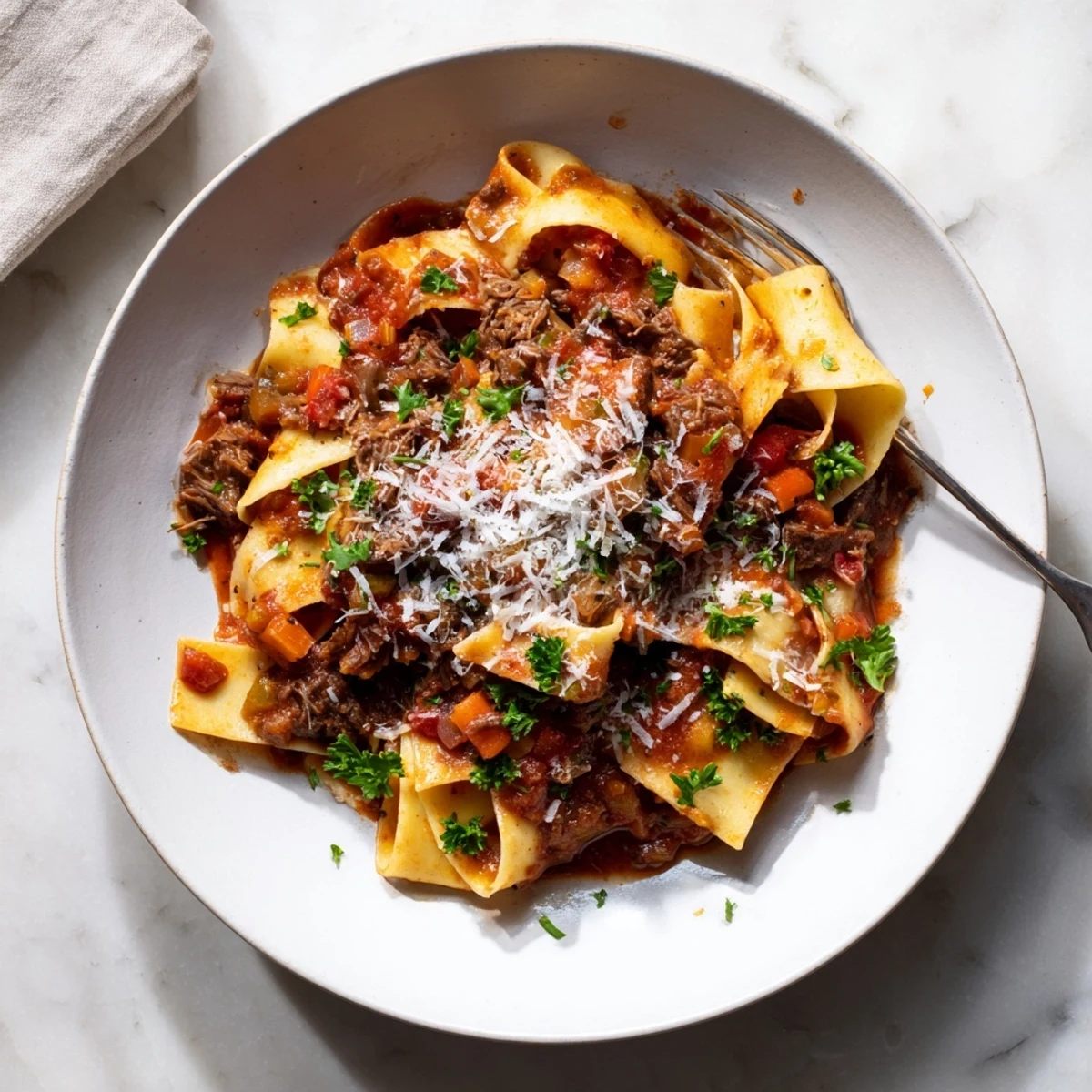 Golden slow cooked lamb ragu with pappardelle pasta topped with grated Parmigiano-Reggiano cheese