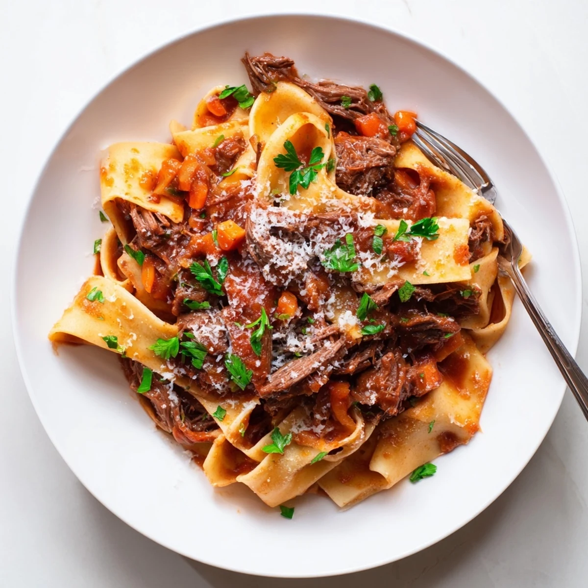Hearty slow cooked lamb ragu sauce coats wide pappardelle noodles in a rustic white bowl