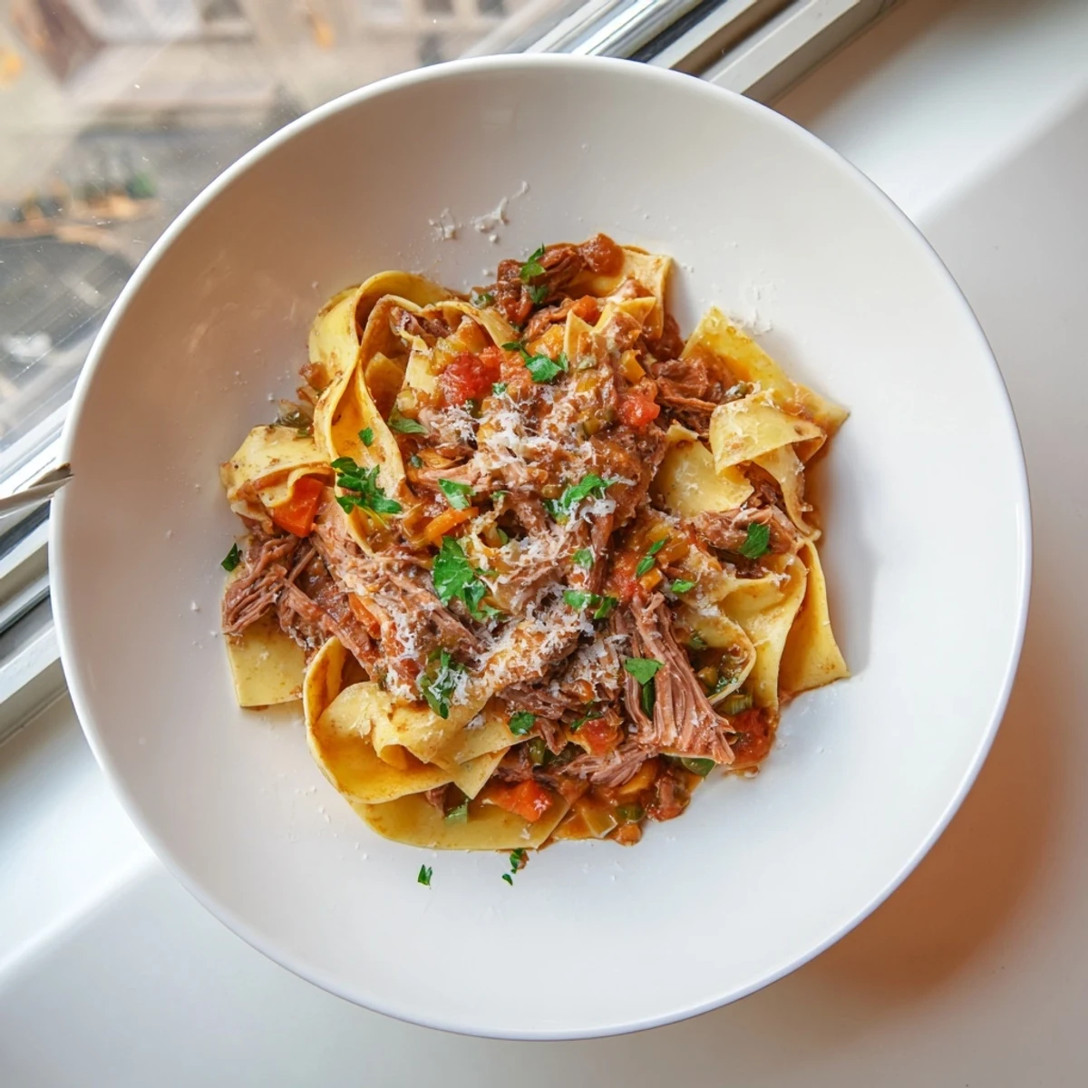 Tender shredded lamb ragu draped over al dente pappardelle pasta with fresh parsley garnish