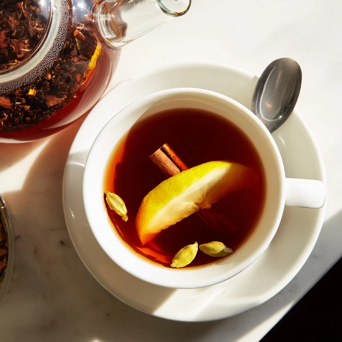 Golden Lebanese spiced tea steaming in a glass teapot with cinnamon stick garnish