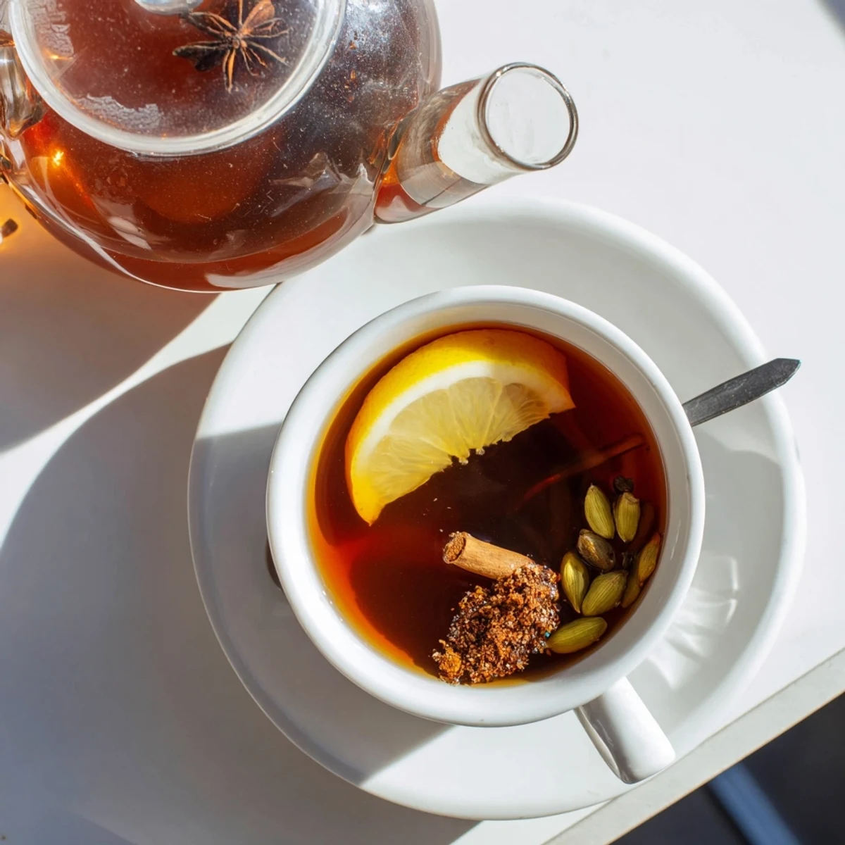 Rich black Lebanese spiced tea poured into vintage teacups with floating spice aromatics