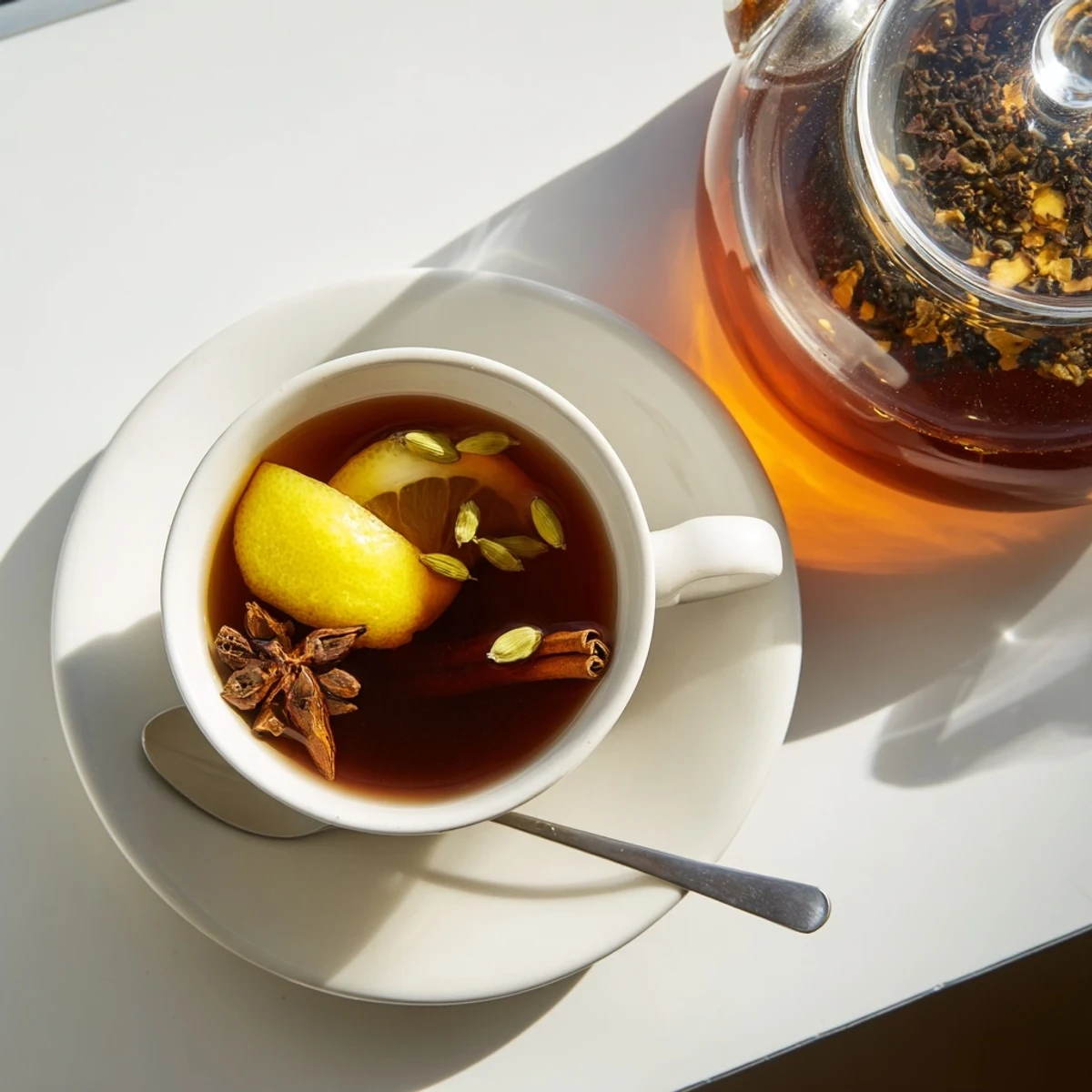 Comforting Lebanese spiced tea served on wooden board with lemon wedges and star anise