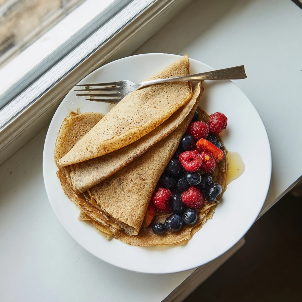 Golden healthy oatmeal crepes stacked on a white plate with fresh berries and honey drizzle