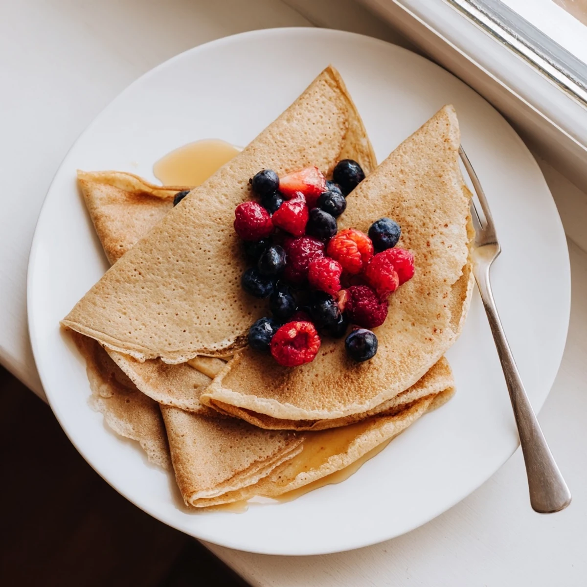 Light tender healthy oatmeal crepes folded over sweet strawberries and creamy yogurt filling