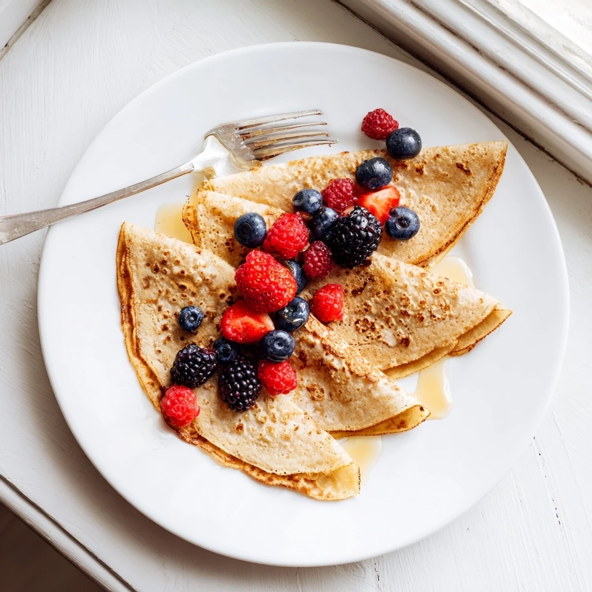 Wholesome healthy oatmeal crepes cooking in a skillet showing golden brown edges and thin texture