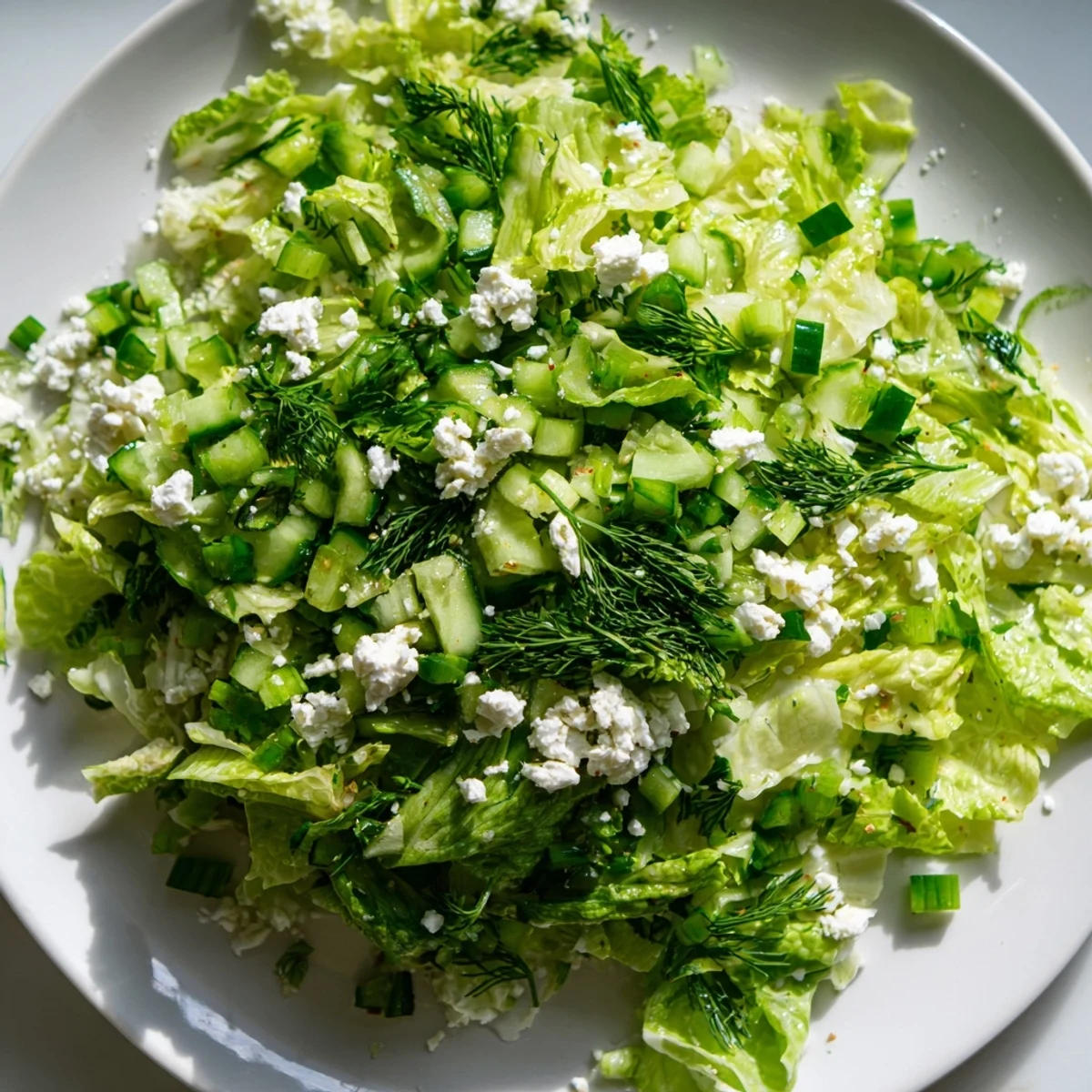 Fresh bowl of Maroulosalata Greek salad with shredded romaine herbs and lemon dressing
