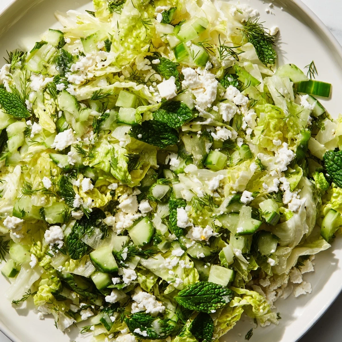 Crisp romaine lettuce salad tossed with fresh dill mint and olive oil dressing