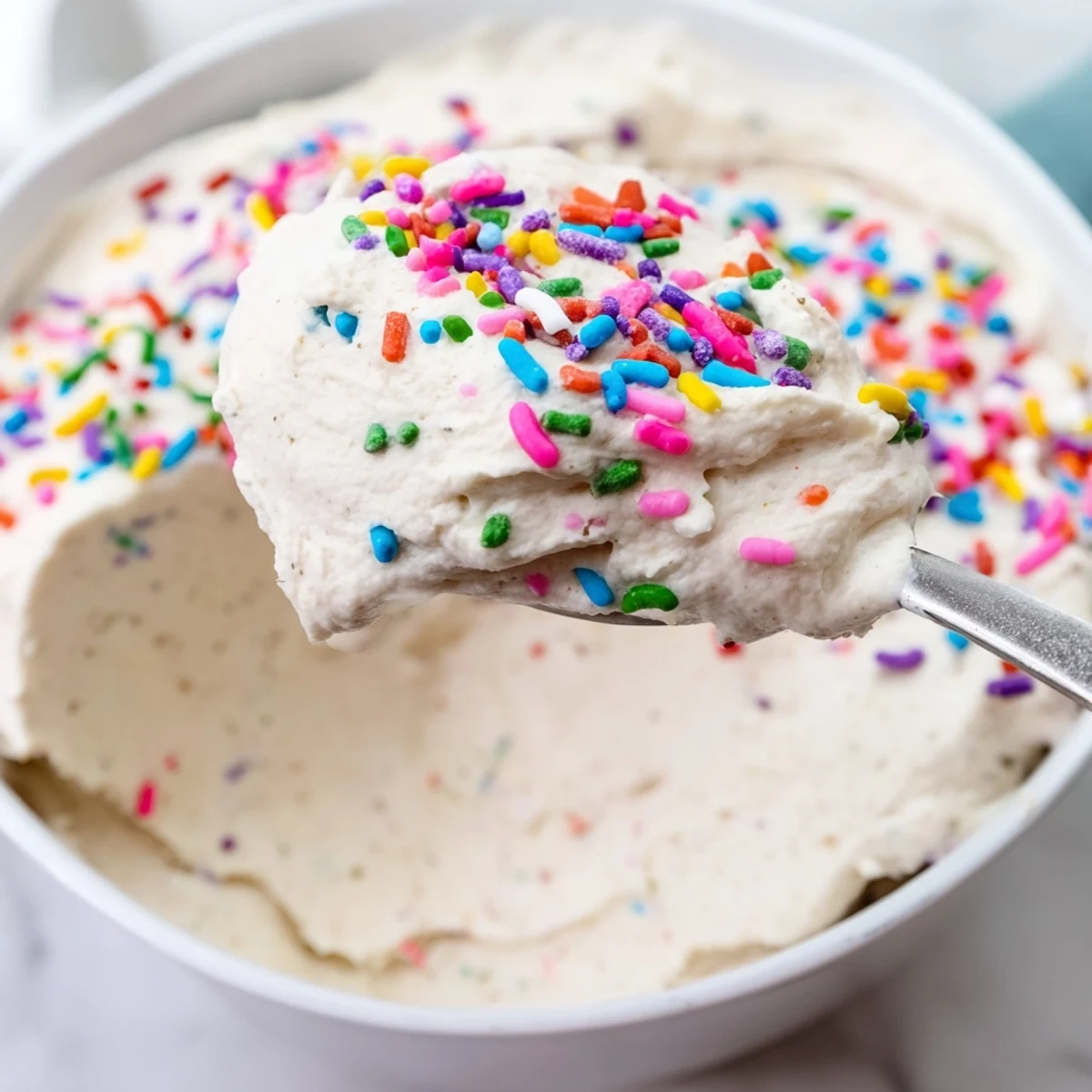 Swirled high protein Dunkaroo dip featuring vanilla bean specks and vibrant confetti sprinkles