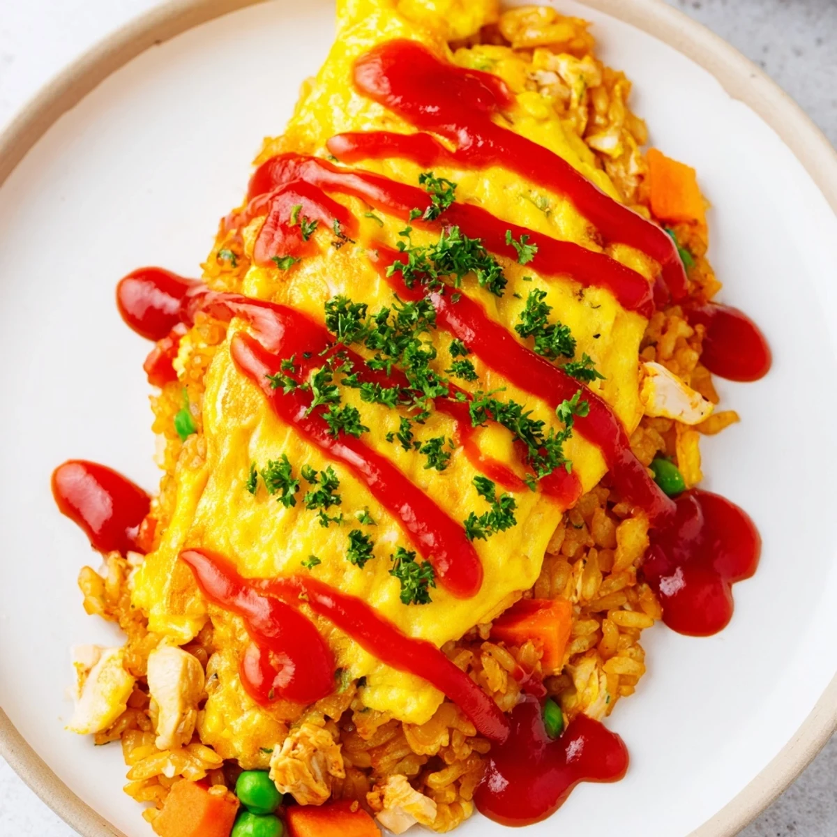 Golden yellow omurice omelet wrapped around savory ketchup fried rice on white plate