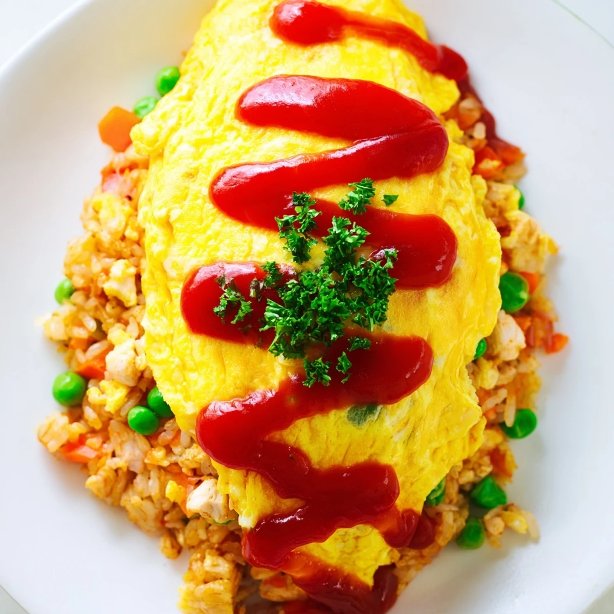 Fluffy Japanese omurice with soft egg coating tender chicken and vegetable fried rice