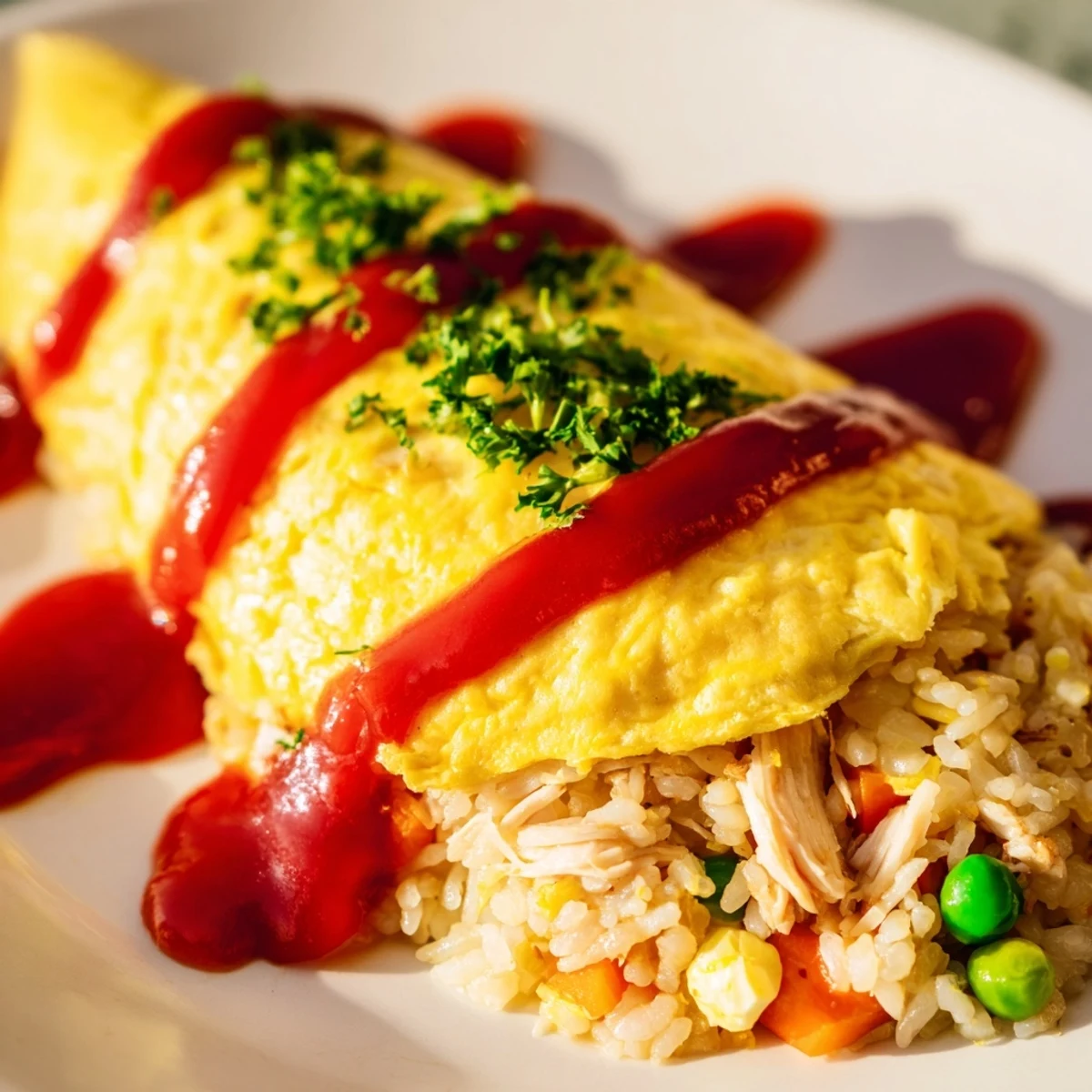 Plate of omurice featuring silky omelet draped over tomato flavored rice with parsley garnish