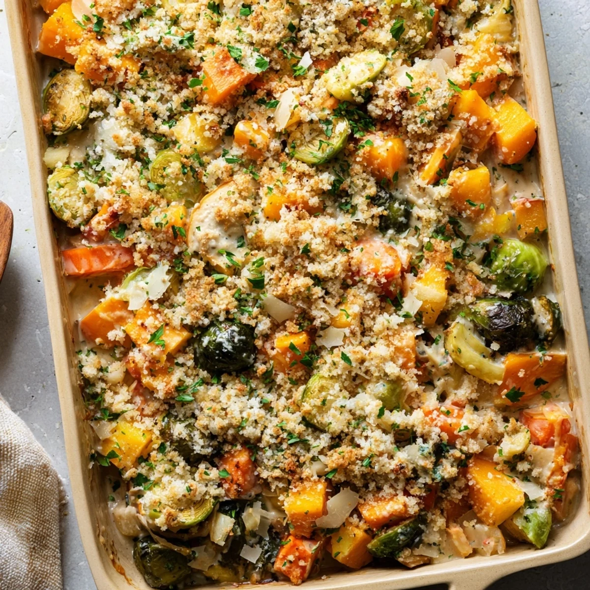 Golden baked creamy winter vegetable casserole with bubbling herb sauce and melted Gruyère cheese topping